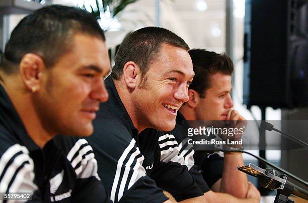 Mark Hammett, Kees Meeuws and Steve Devine face the media two days after the All Blacks 1022 loss to the Wallabies in the Rugby World Cup 2003 semi...