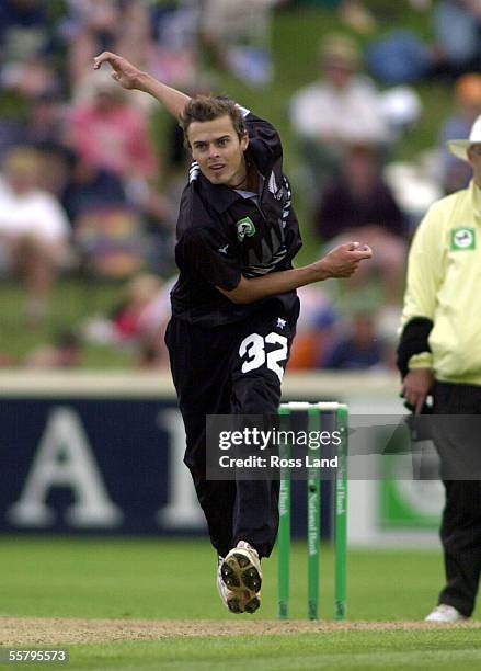 New boy Chris Martin bowls against Zimbabwe, during the first one day cricket international between The Black Caps and Zimbabwe at Owen Delany Park,...