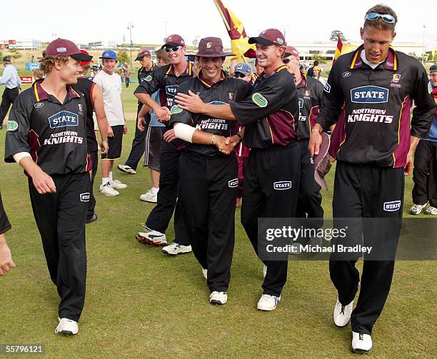 Members of the Northern Knights celebrate after beating the Auckland Aces by 3 wickets in the Final of the State Shield one day competition held at...
