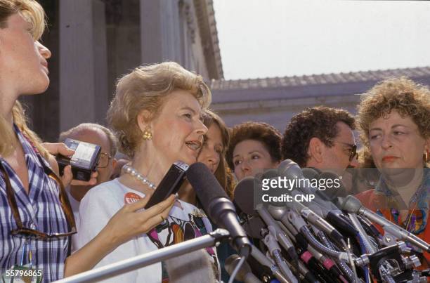 American political activist Phyllis Schlafly delivers a statement to the press following the US Supreme Court's decision in 'Planned Parenthood of...