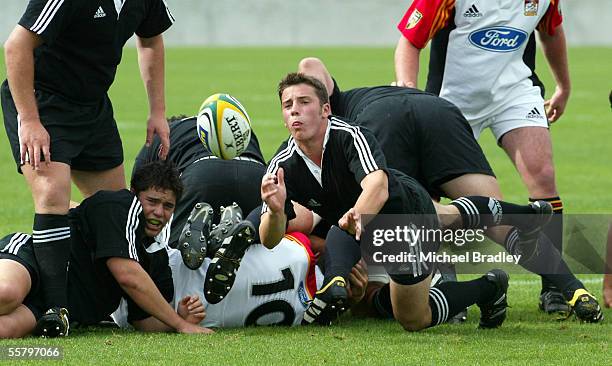 New Zealand's Matt France clears the ball from the base of a ruck during the rugby match between the New Zealand under 19's and the Chiefs under 21...