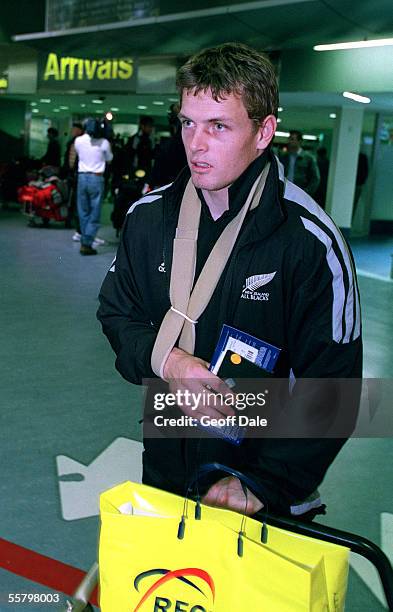 Injured All Black, Ben Blair after arriving back at the Auckland International Airport, as the All Blacks arrive home from their end of year tour of...