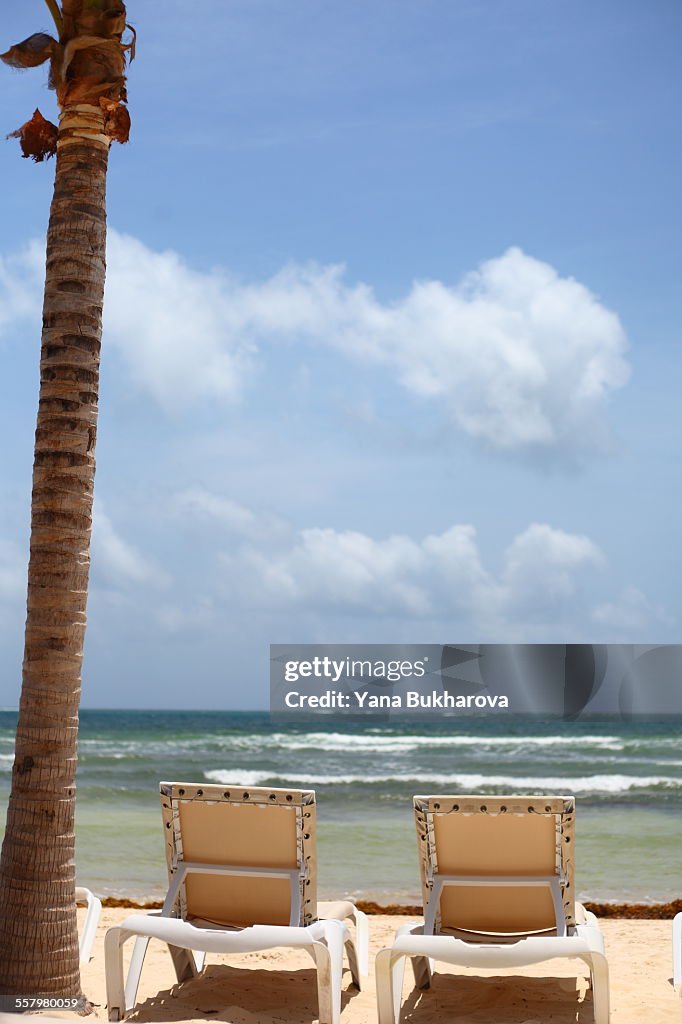 Lounge chairs on the beach of Mexico