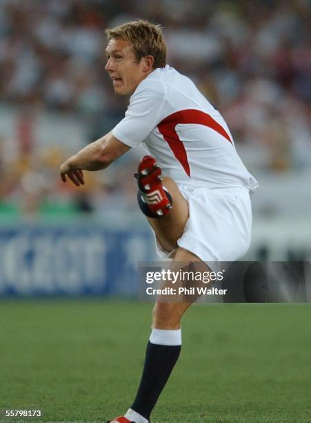 England's Jonny Wilkinson kicks the first dropgoal in the Rugby World Cup semifinal match played against France at Telstra Stadium, Sunday.England...