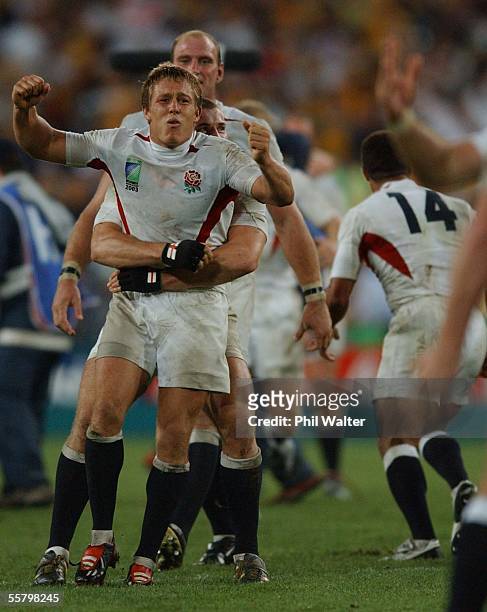 England's match winning hero Jonny Wilkinson is hugged by Ben Cohen on the final whistle in the 2003 Rugby World Cup Final played against Australia...