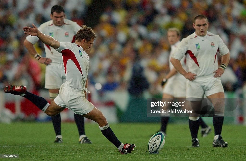 England's Jonny Wilkinson kicks a conversion durin