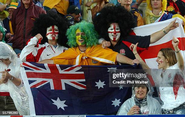 England and Australian fans unite to enjoy the entertainment before the 2003 Rugby World Cup Final between Australia and England played at the...