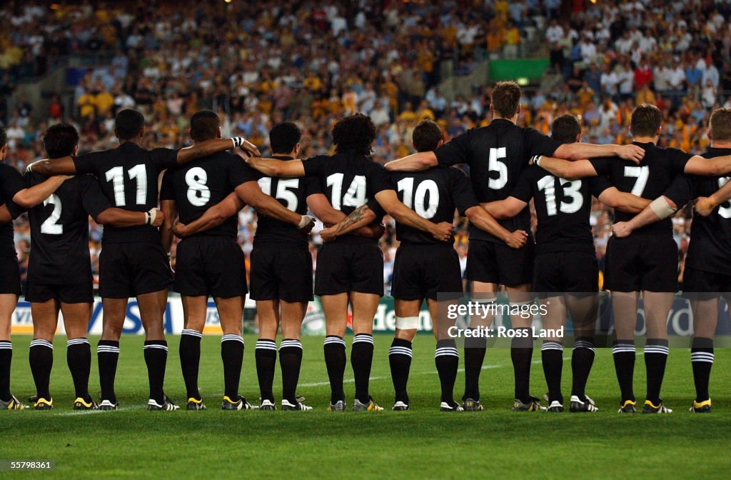 The All Blacks line up for the national anthem bef