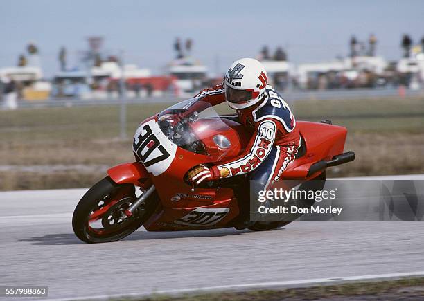 Mick Grant of Great Britain rides the Kawasaki motorcycle during the 38th AMA Daytona 200 race on 11 March 1979 at the Daytona International Speedway...