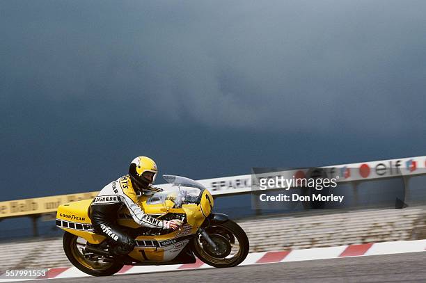 Kenny Roberts of the United States rides the Yamaha YZR 500 during the German motorcycle Grand Prix on 6 May 1979 at the Hockenheimring circuit in...