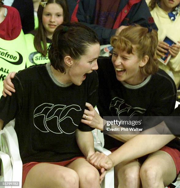 Waikato's Leigh Price, left cannot believe it as she realises she has been selected for the Silver Ferns squad and is congratulated by Rachel Davis...