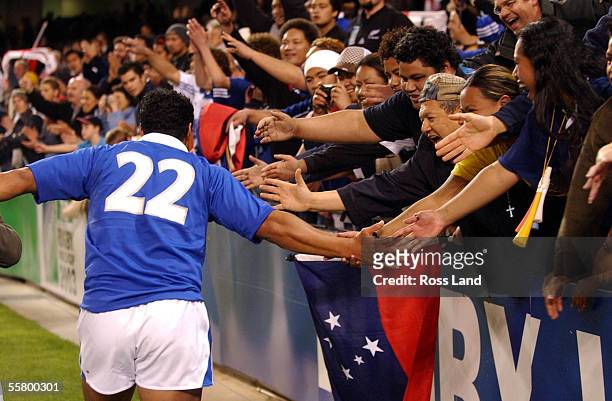 Samoan replacement Dominic Feaunati thanks Samoan fans following his sides 3522 loss to England in their sides the Pool C Rugby World Cup 2003 match...