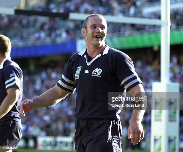 Scotland replacement Jason White looks relieved as he thanks the crowd following his sides narrow 2220 win over Fiji in their Rugby World Cup 2003...