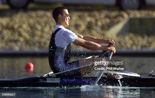 New Zealand's Rob Waddell in action on his way to a Olympic Games gold medal in the Mens Single Sculls at Penrith Lakes, Saturday.
