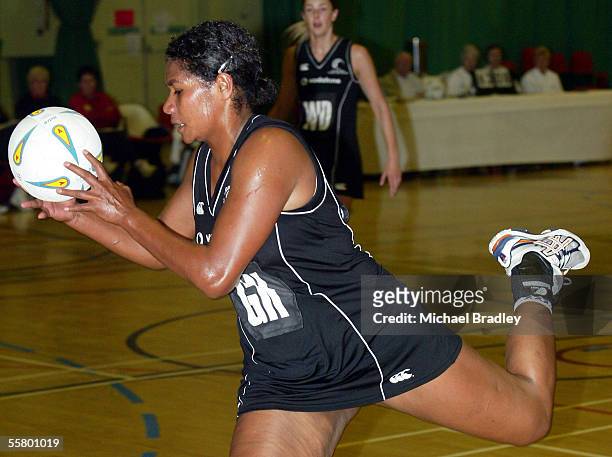 Silver Ferns Vilimaina Davu secures the ball, during the Netball match between the New Zealand Silver Ferns and the Welsh Development team held at...