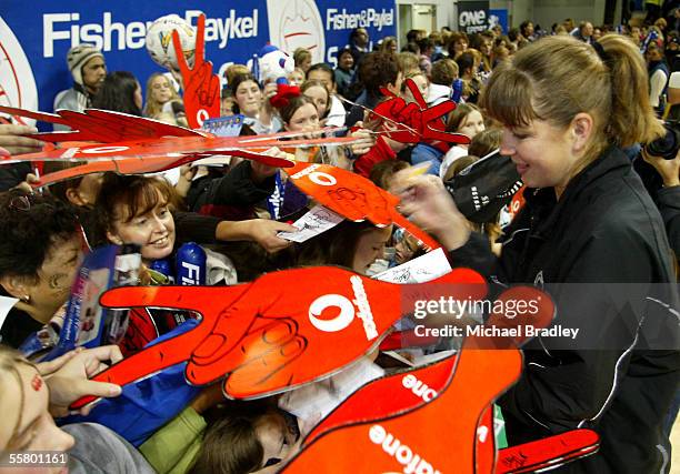 Silver Ferns Irene Van Dyk is surrounded by fans wanted her autograph after the second Fisher and Paykel netball test match between the Silver Ferns...