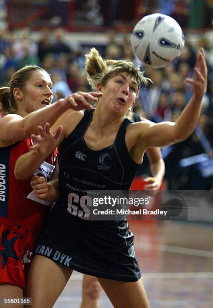 Silver Ferns Irene Van Dyk secures the ball ahead of Naomi Siddall during the third Fisher and Paykel netball test match between the Silver Ferns and...