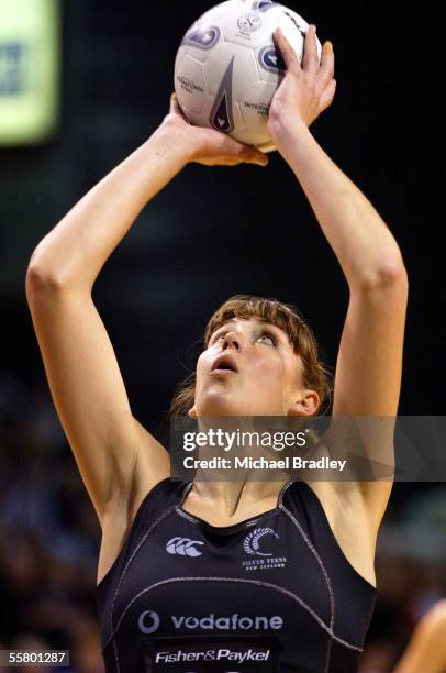 Silver Fern Irene Van Dyk puts up another shot, during the first netball test of the Fisher and Paykel Series between the Silver Ferns and England...