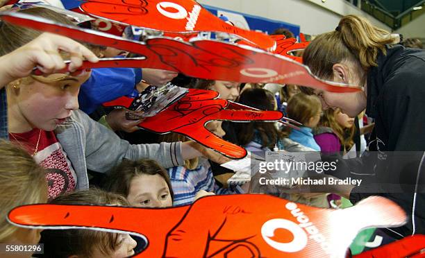 Silver Ferns Irene Van Dyk signs autographs for her fans after the second Fisher and Paykel netball test match between the Silver Ferns and England...