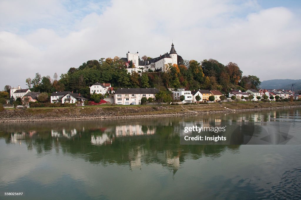 Ottensheim and Ottensheim Castle, as seen from the Danube River, Upper Austria, Austria