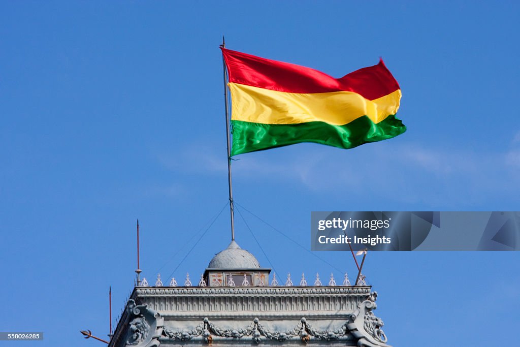 Bolivian flag atop the Government Palace, currently Prefectura del Departamento de Chuquisaca, Sucre, Chuquisaca Department, Bolivia