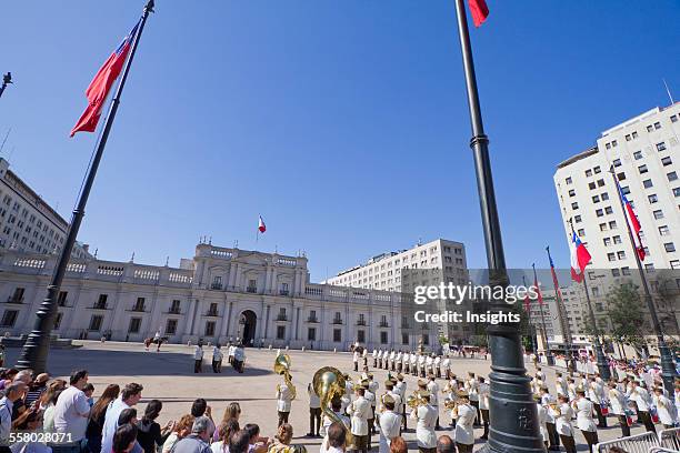 Changing of the guards by Carabineros on Plaza de la Constitucion in front of the Palacio de la Moneda Presidential Palace, Santiago, Metropolitan...