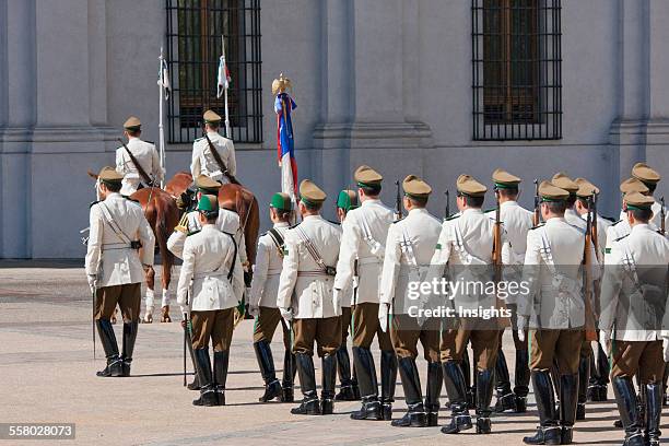 Changing of the guards by Carabineros on Plaza de la Constitucion in front of the Palacio de la Moneda Presidential Palace, Santiago, Metropolitan...