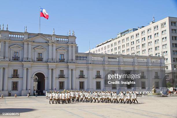 Changing of the guards by Carabineros on Plaza de la Constitucion in front of the Palacio de la Moneda Presidential Palace, Santiago, Metropolitan...