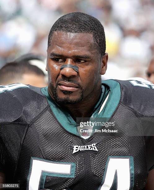 Linebacker Jeremiah Trotter of the Philadelphia Eagles looks on against the Oakland Raiders during their game on September 25, 2005 at Lincoln...