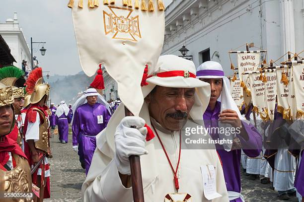 Man Carrying A Standard Procession Of The Holy Cross On Good Friday In Antigua Guatemala, Sacatep