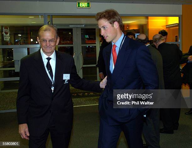 New Zealand Rugby Union President John Graham escorts HRH Prince William as he arrives for the 2nd rugby test between the All Blacks and the British...