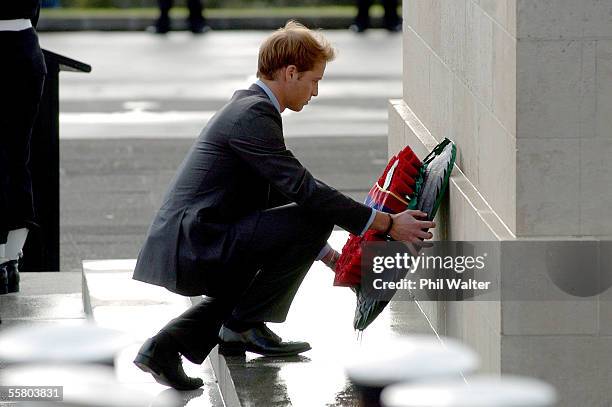 Prince William lays a memorial wreath at the epitaph before a visit to the war memorial museum in Auckland, New Zealand, Sunday, July 10th, 2005. The...