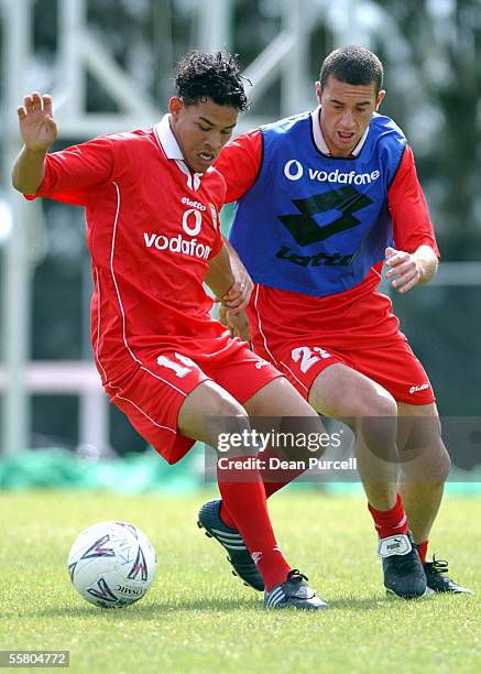 Kingz players Lance Eeson and Riki Van Steeden compete for the ball at the Kingz training session today,Monday.