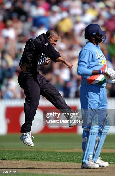 New Zealand Black Caps Bowler Andre Adams jumps in the air after taking the wicket of Javagal Srinath for 15 during the 7th international one day...