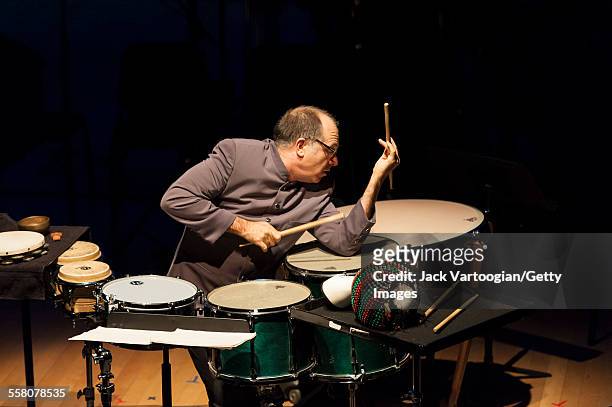 American musician Steven Schick plays percussion as he performs onstage at the 'Composer Portraits: George Lewis' concert at the Miller Theatre at...