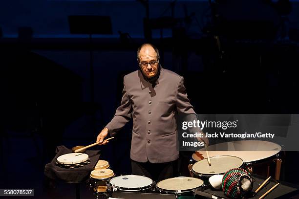 American musician Steven Schick plays percussion as he performs onstage at the 'Composer Portraits: George Lewis' concert at the Miller Theatre at...