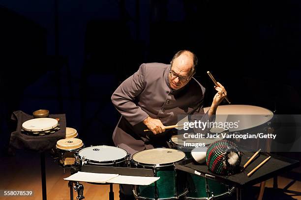 American musician Steven Schick plays percussion as he performs onstage at the 'Composer Portraits: George Lewis' concert at the Miller Theatre at...