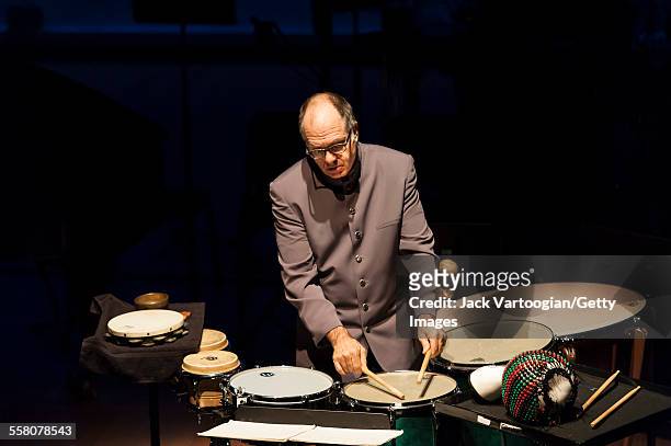 American musician Steven Schick plays percussion as he performs onstage at the 'Composer Portraits: George Lewis' concert at the Miller Theatre at...