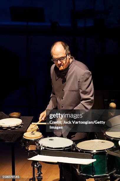 American musician Steven Schick plays percussion as he performs onstage at the 'Composer Portraits: George Lewis' concert at the Miller Theatre at...