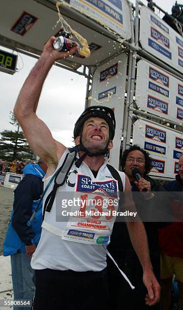 George Christison celebrates winning the longest day event at the 2004 Speights Coast to Coast, Christchurch New Zealand, Saturaday, February 07,...
