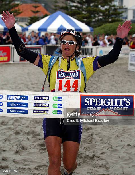 Winner of the womens one day event Kristina Strode Penny finishes the longest day event at the 2004 Speights Coast to Coast, Kumara New Zealand,...