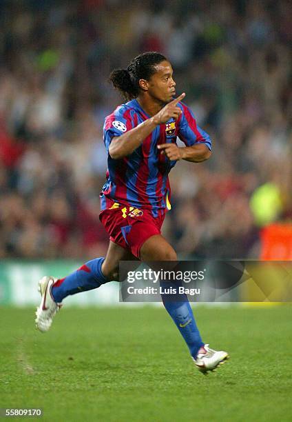 Ronaldinho of FC Barcelona celebrates his goal during the UEFA Champions League match between FC Barcelona and Udinese played at the Camp Nou stadium...