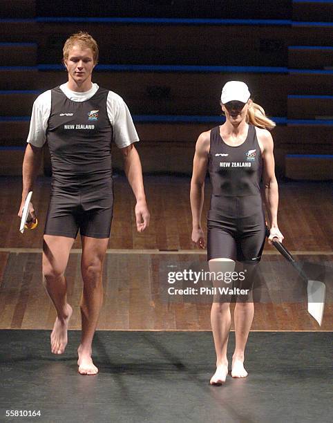 George Bridgewater and Sonya Waddell show the outfit for the rowers to be worn at the 2004 Athens Olympics, during the uniform launch held at the...