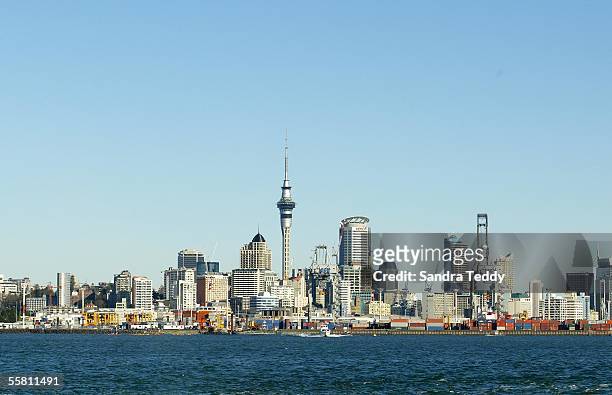 View from the Auckland Harbour looking back onto the Ports and through to the City skyline, Saturday 24th July 2004.