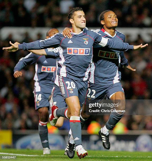 Simao of Benfica celebrates scoring the second goal during the UEFA Champions League match between Manchester United and Benfica at Old Trafford on...