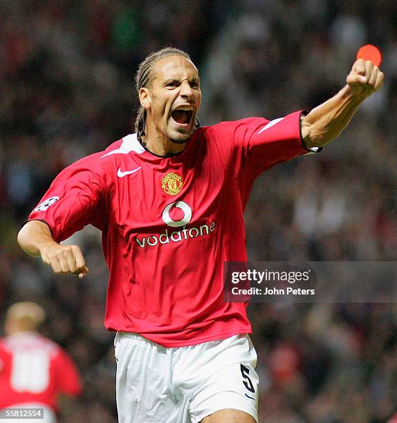 Rio Ferdinand of Manchester United celebrates Ruud van Nistelrooy scoring the third goal during the UEFA Champions League match between Manchester...