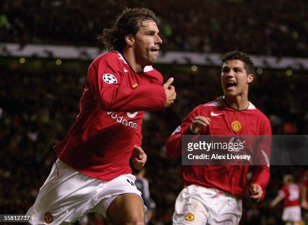 Goalscorer Ruud van Nistelrooy of Manchester United celebrates with Cristiano Ronaldo during the UEFA Champions League Group D match between...