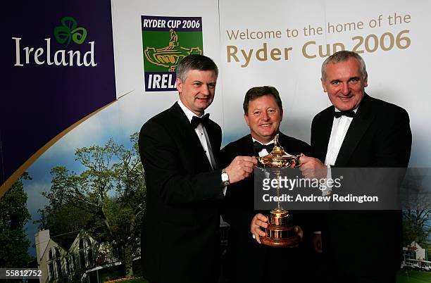 Shaun Quinn , Ian Woosnam and Bertie Ahern pose with the Ryder Cup trophy during The One Year To Go Ryder Cup Gala Dinner at Citywest Hotel and Golf...