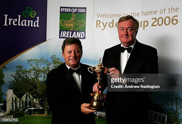 Ian Woosnam and John O'Donoghue pose with the Ryder Cup trophy during The One Year To Go Ryder Cup Gala Dinner at Citywest Hotel and Golf Resort on...