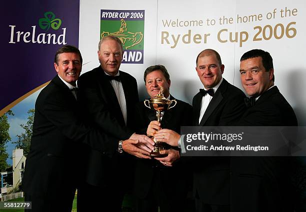 Des Smyth , Jim Mansfield , Ian Woosnam , Peter Baker and Noel Dempsey, the Minister for Communications pose with The Ryder Cup trophy during The One...